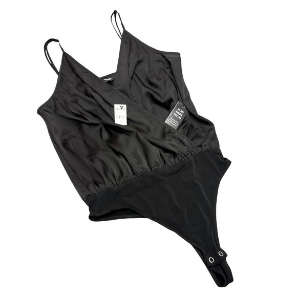 Express Black Satin Pleated Faux Wrap Cami Bodysuit - Picture 7 of 8